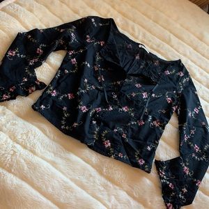 90's black embroidered pink roses beautiful button down ruffle blouse top M